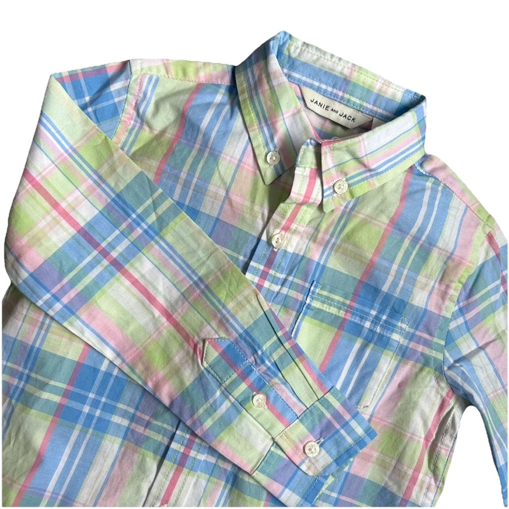 Janie & Jack Boys Size 4 NWT Pastel Multicolor Madras Plaid Cotton Shirt Easter